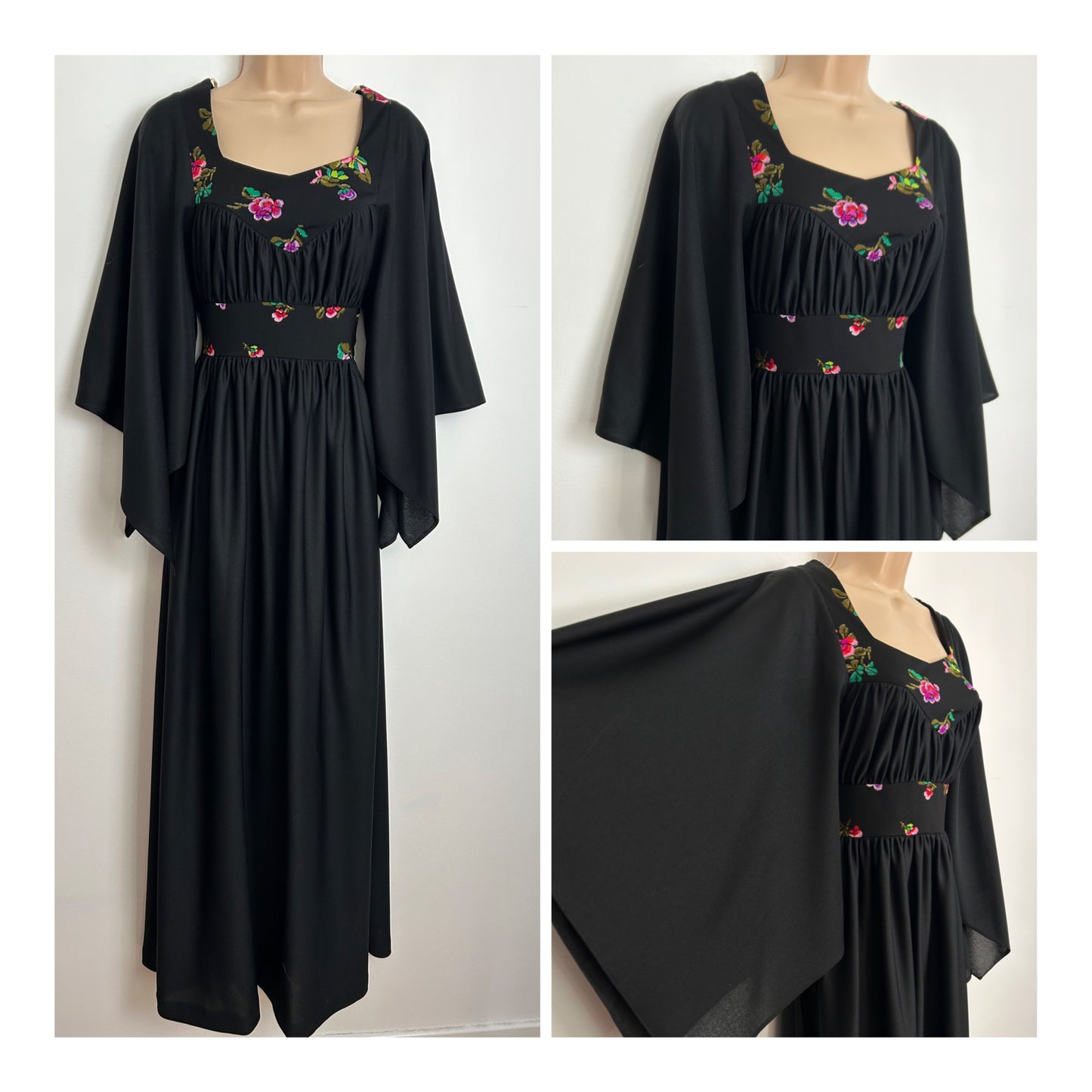 Vintage 1970s Size 8 Black Pink & Green Floral Print Wide Flared Square Sleeve Ruched Bodice Maxi Dress