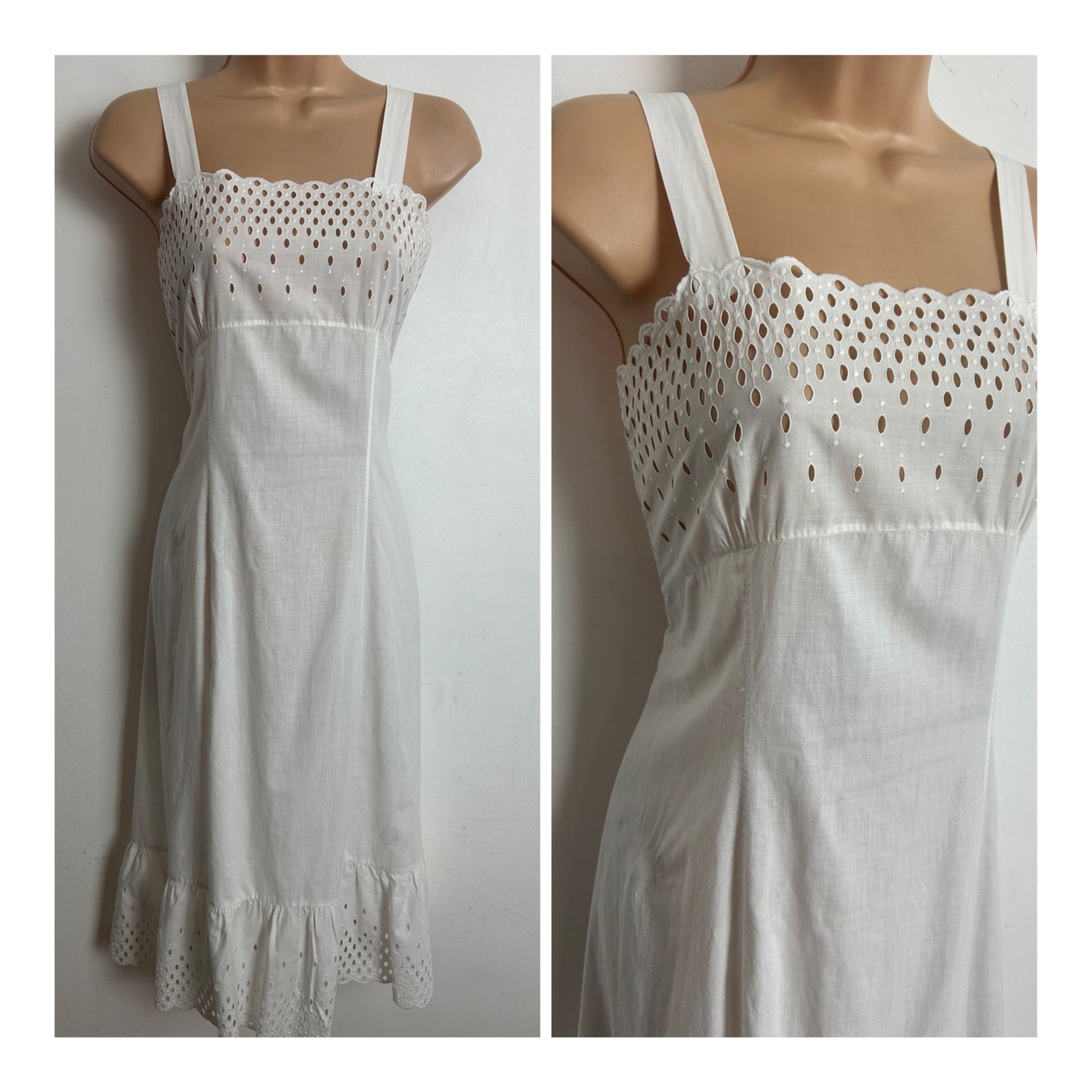 Vintage 1970s Size 10 White Cut Out Detail Cotton Summer Nightdress