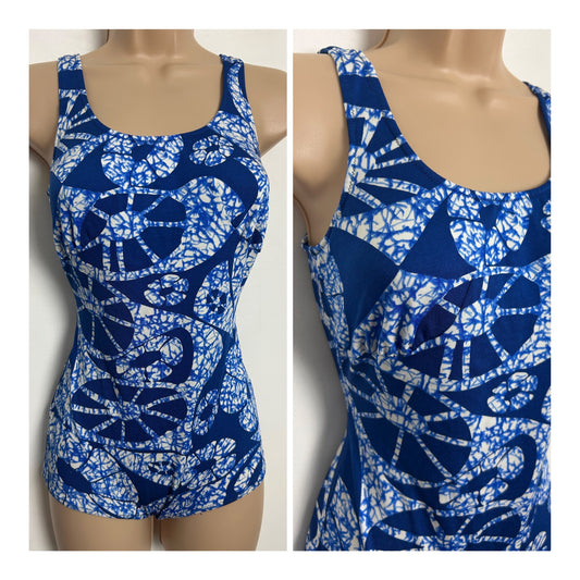 Vintage 1960s FELINA BOUTIQUE Size 12 Blue & White Abstract Print Swimsuit