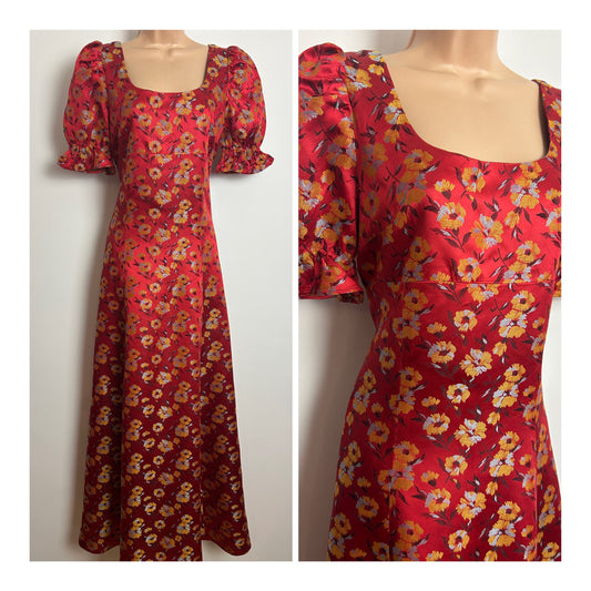 Vintage 1970s Size 8-10 Red Yellow & Grey Floral Satin Jacquard Short Sleeve Maxi Dress