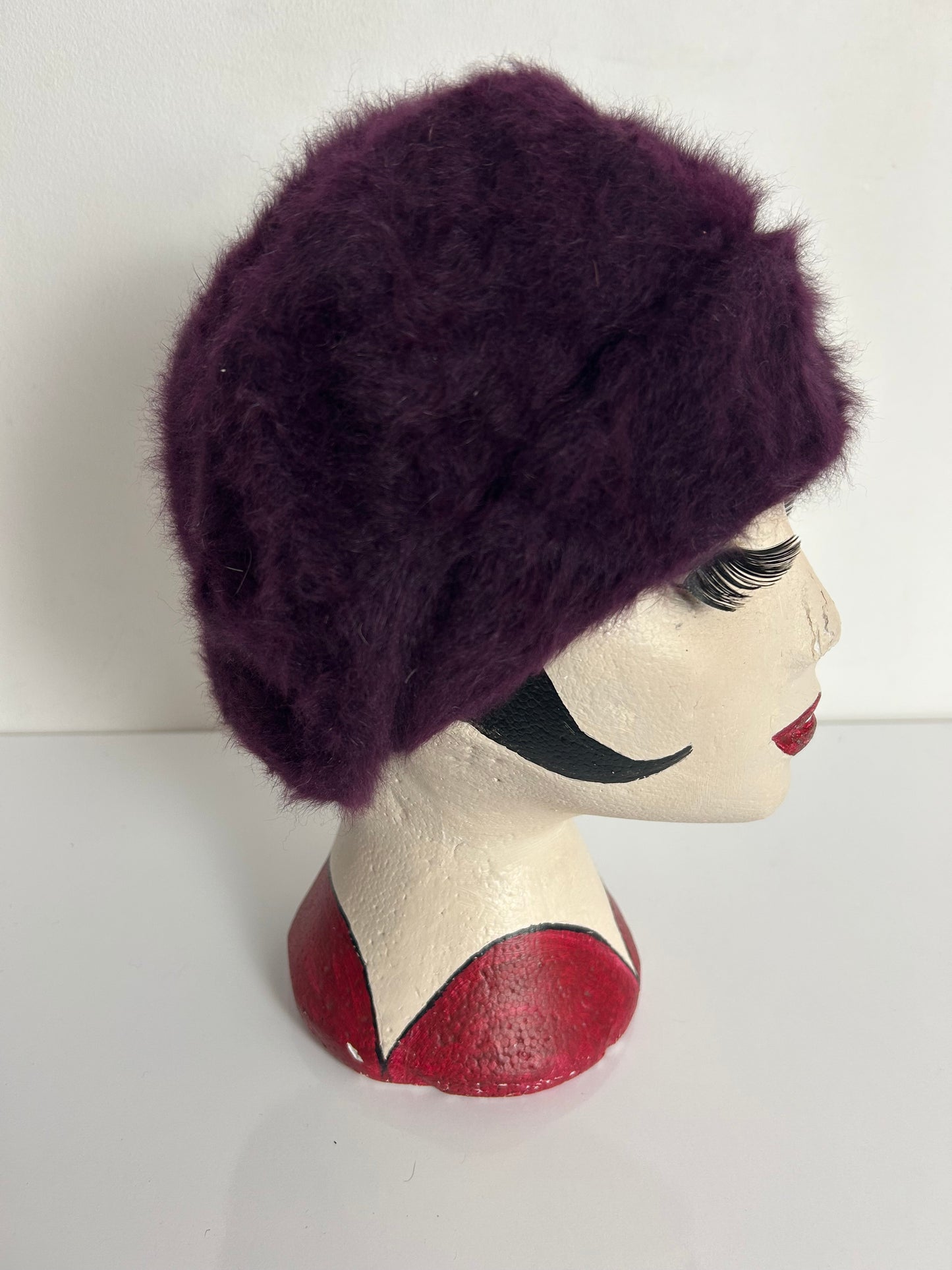 Vintage Dark Purple Angora Mix Soft Fluffy Turban Style Hat