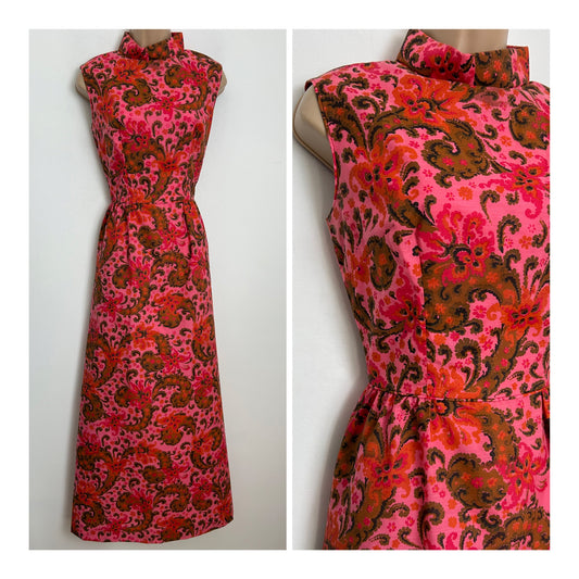 Vintage 1970s KING LING TAILOR Singapore Size 6-8 Beautiful Pink & Green Tones Floral Print Cotton Maxi Dress