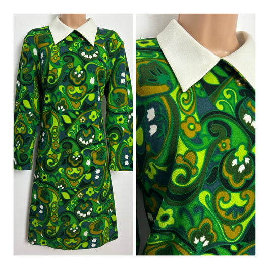 Vintage 1960s Size 16 Green & Brown Tones Floral Paisley Print Mod Shift Dress