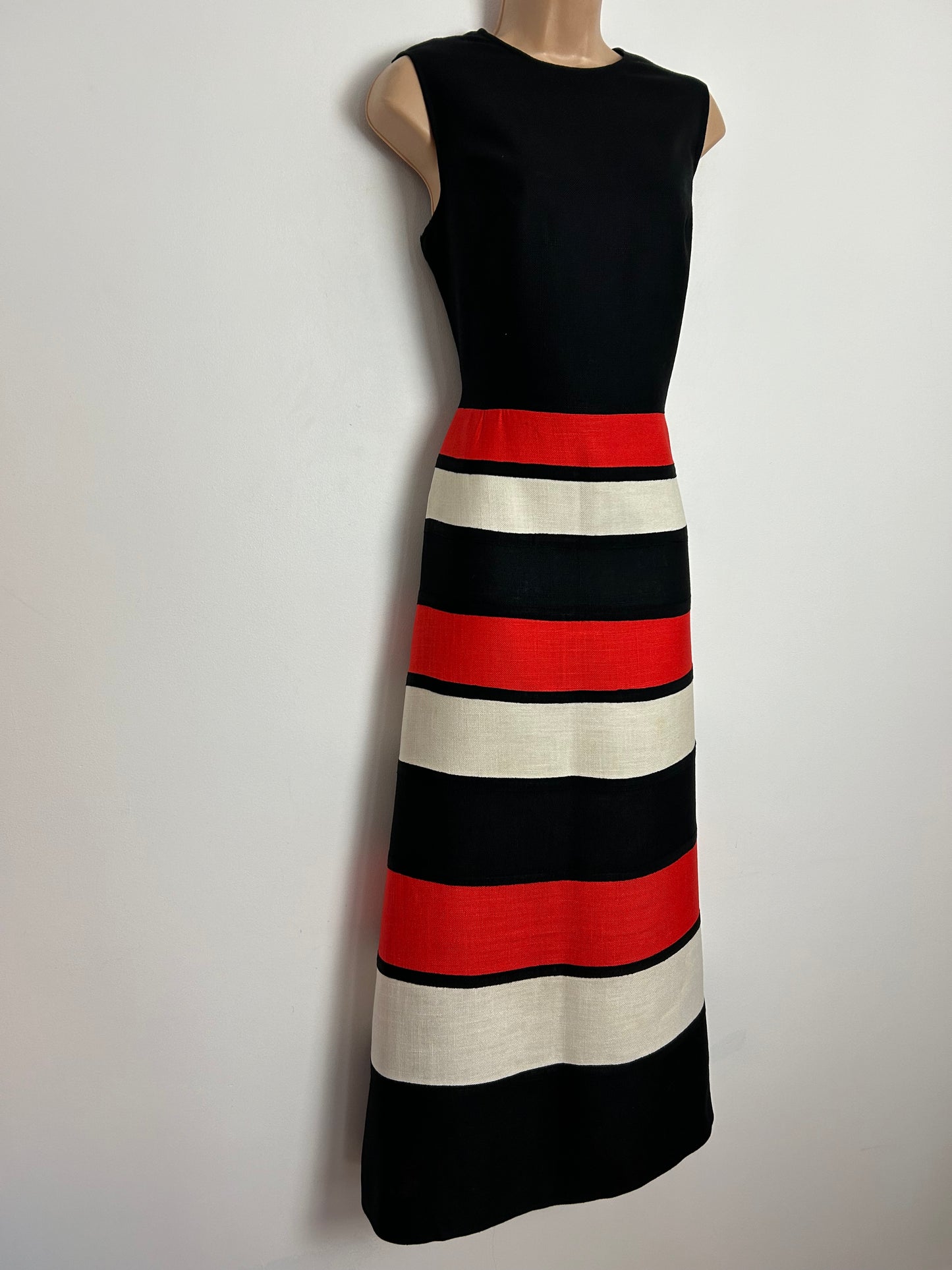 Vintage 1960s DIETER GERHARD UK Size 12 Black Red & Cream Stripe Pattern Sleeveless Occasion Column Maxi Dress