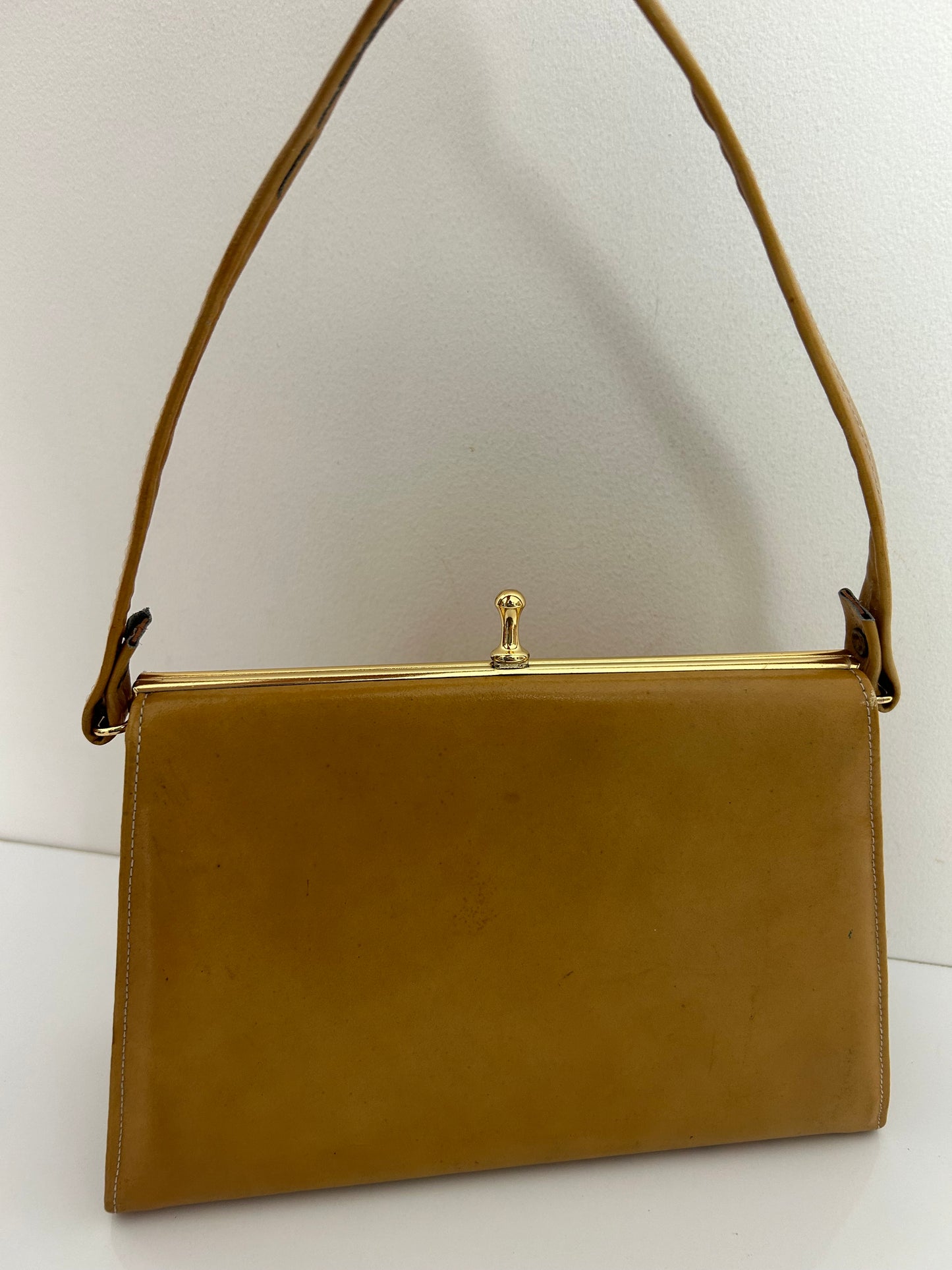 Vintage Early 1960s K HANDBAGS Camel Brown Leather Small Kelly Handbag