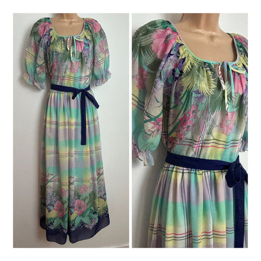 Vintage 1970s Size 10 Mint Green Pink & Lemon Floral & Stripe Print Cotton Mix Prairie Maxi Dress