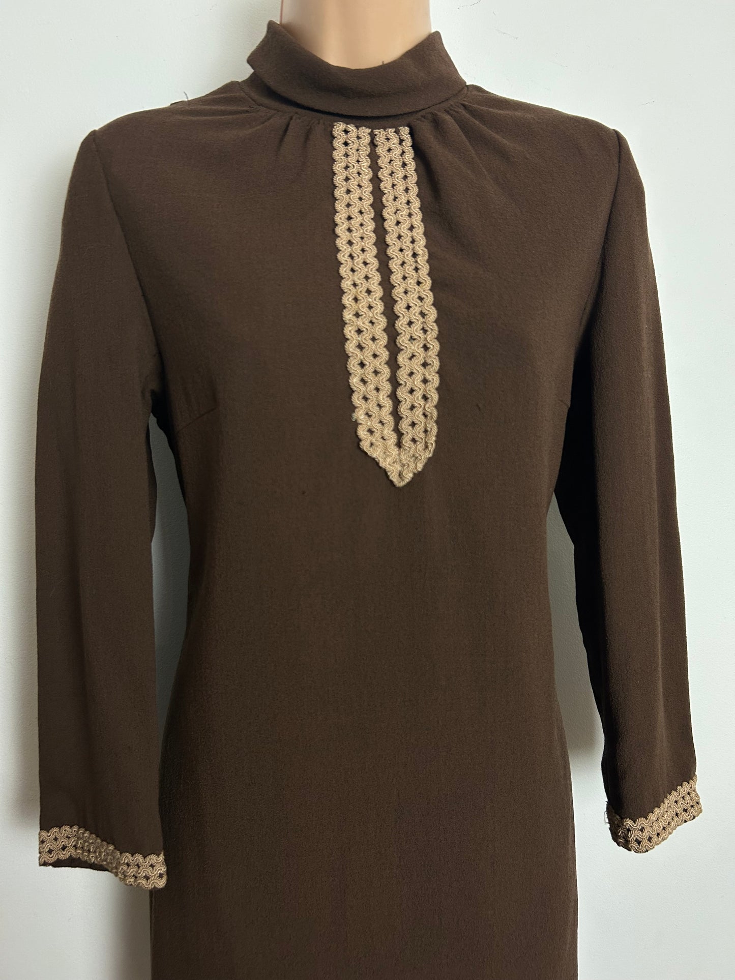 Vintage 1960s HAUTE COUTURE MODELL Size 10 Brown Wool Mix Braid Trim Mod Shift Dress