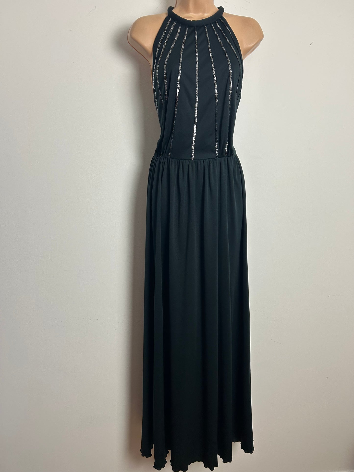 Vintage 1970s AFTER SIX BY RONALD JOYCE Size 12 Black Sequin Detail Halterneck Evening Maxi Dress