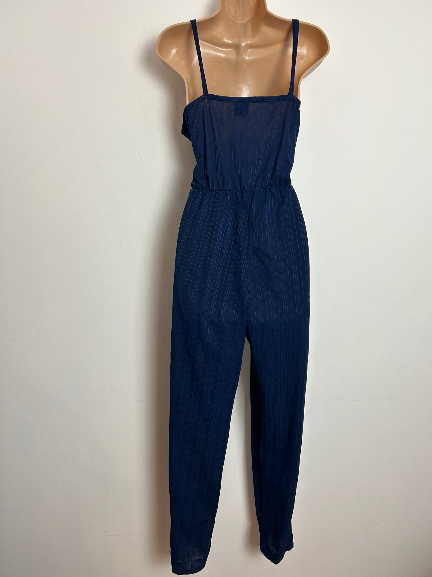 Vintage 1980s C&A UK Size 8 Navy Blue Pinstripe Strappy Tapered Leg Jumpsuit