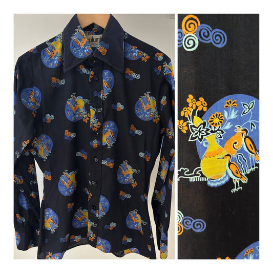 Vintage 1970s COLUMBO UK Size 12 Black Blue & Orange Floral Bird & Urn Print Long Sleeve Cotton Shirt