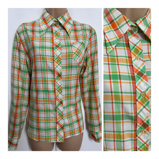 Vintage 1970s Size 14 Green Orange & White Check Print Cotton Mix Dagger Collar Long Sleeve Shirt