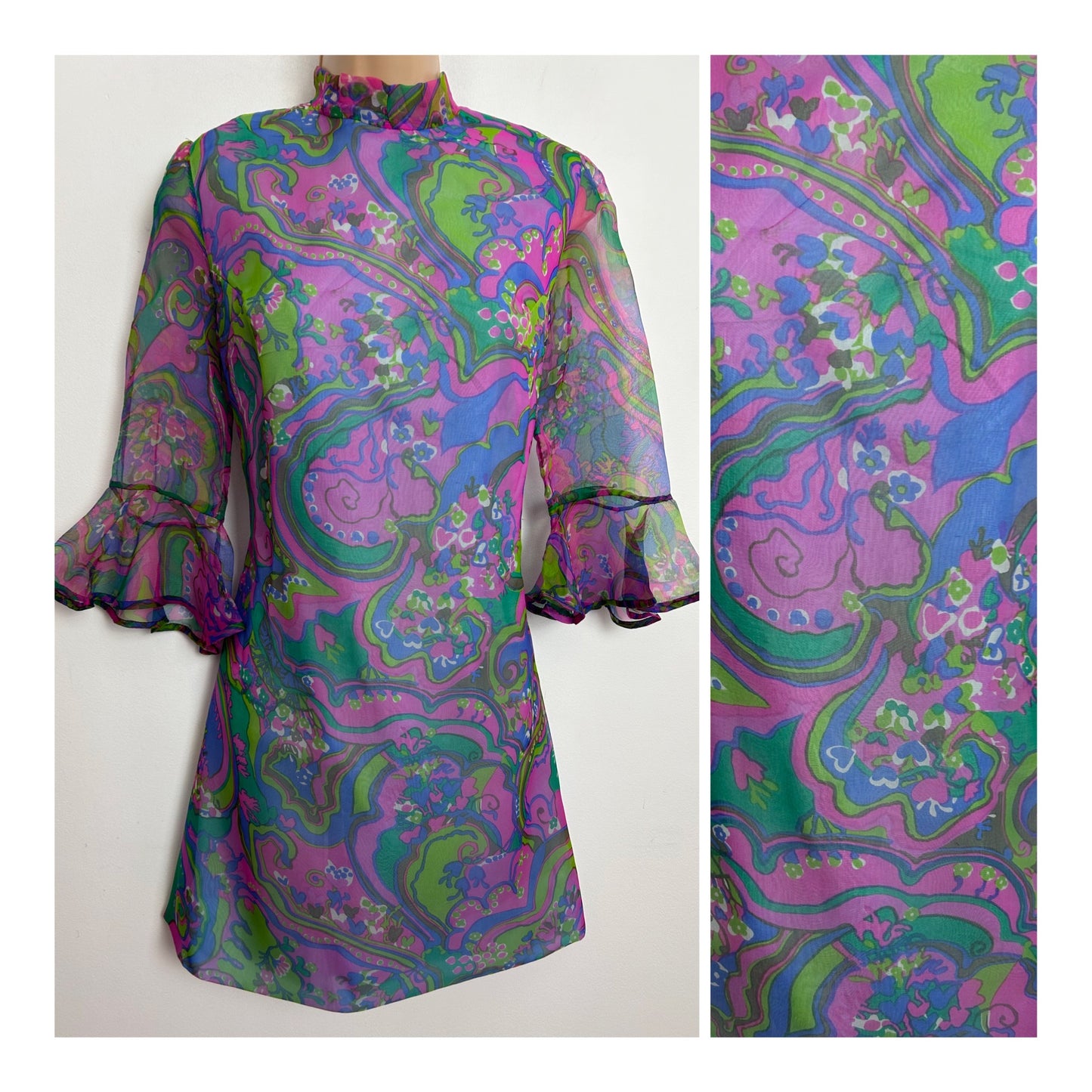 Vintage 1960s UK Size 6-8 Green Pink & Blue Psychedelic Print Chiffon Mini Mod Shift Dress