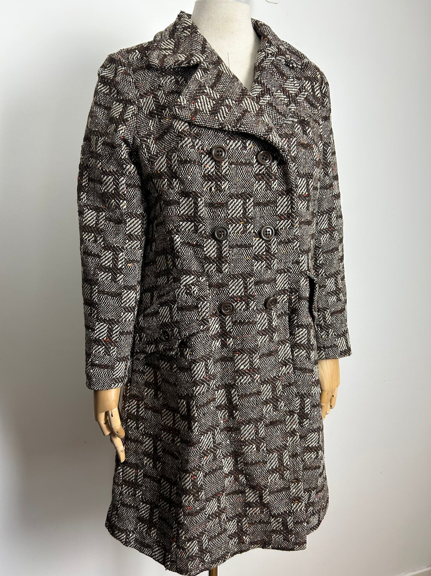Vintage Early 1970s PEGGY LANE Size 12 Brown Tweed 70% Wool Double Breasted Winter Coat (Small Issue)