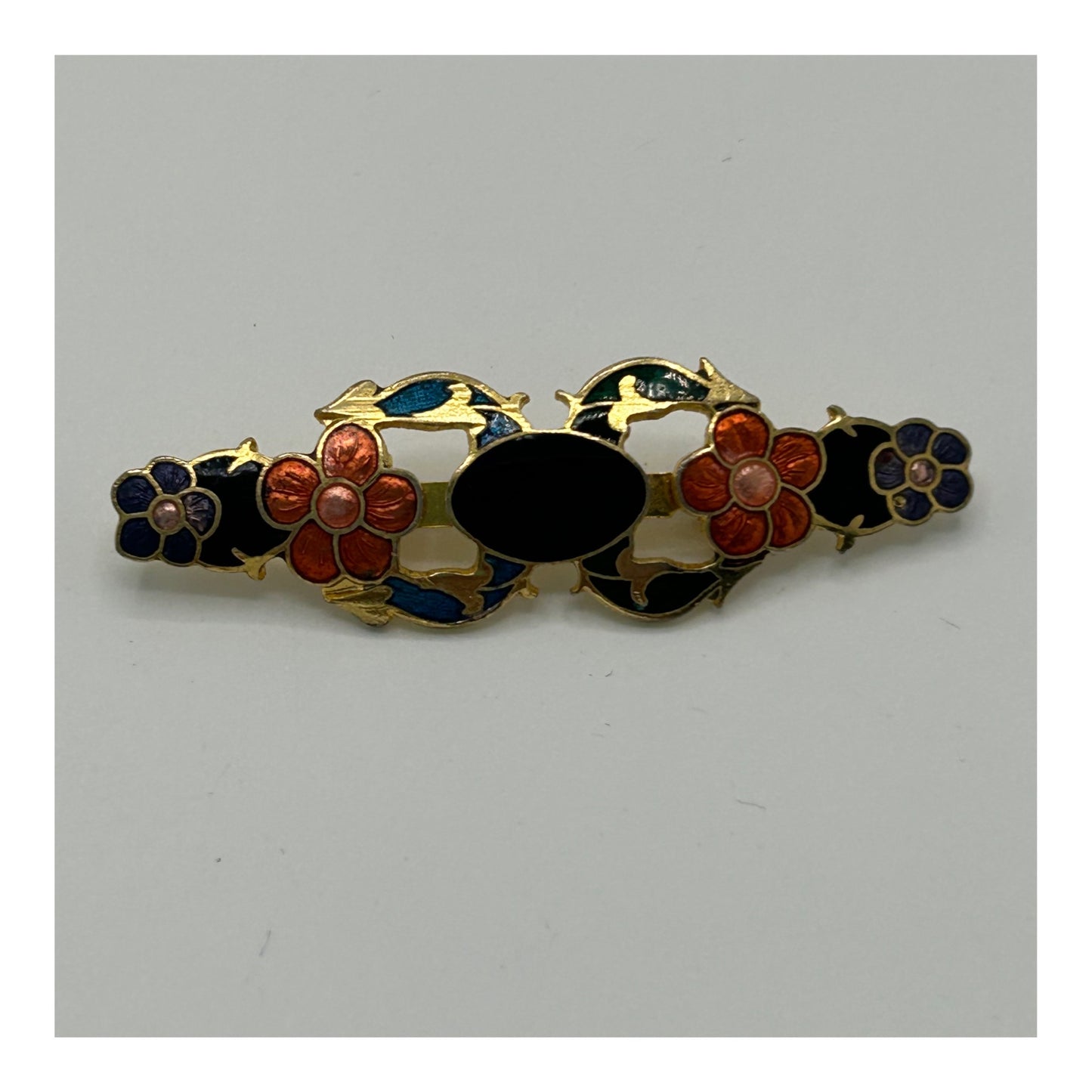 Vintage Gold Tone & Cloisonne Enamel Cutwork Bar Brooch