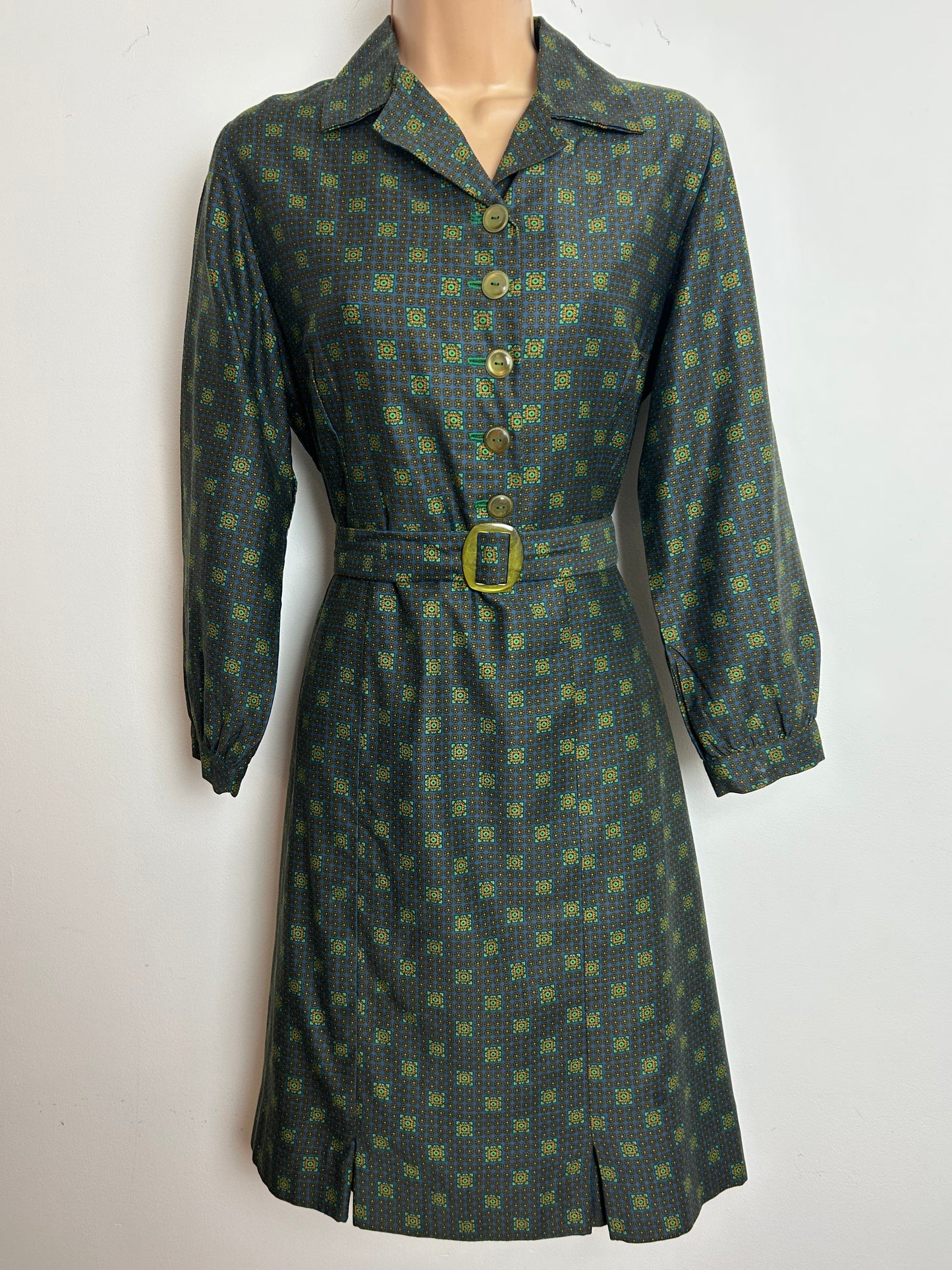 Vintage Late 1950s Size 14 Dark Green Tile Print Belted Cotton Pleat Detail Day Dress