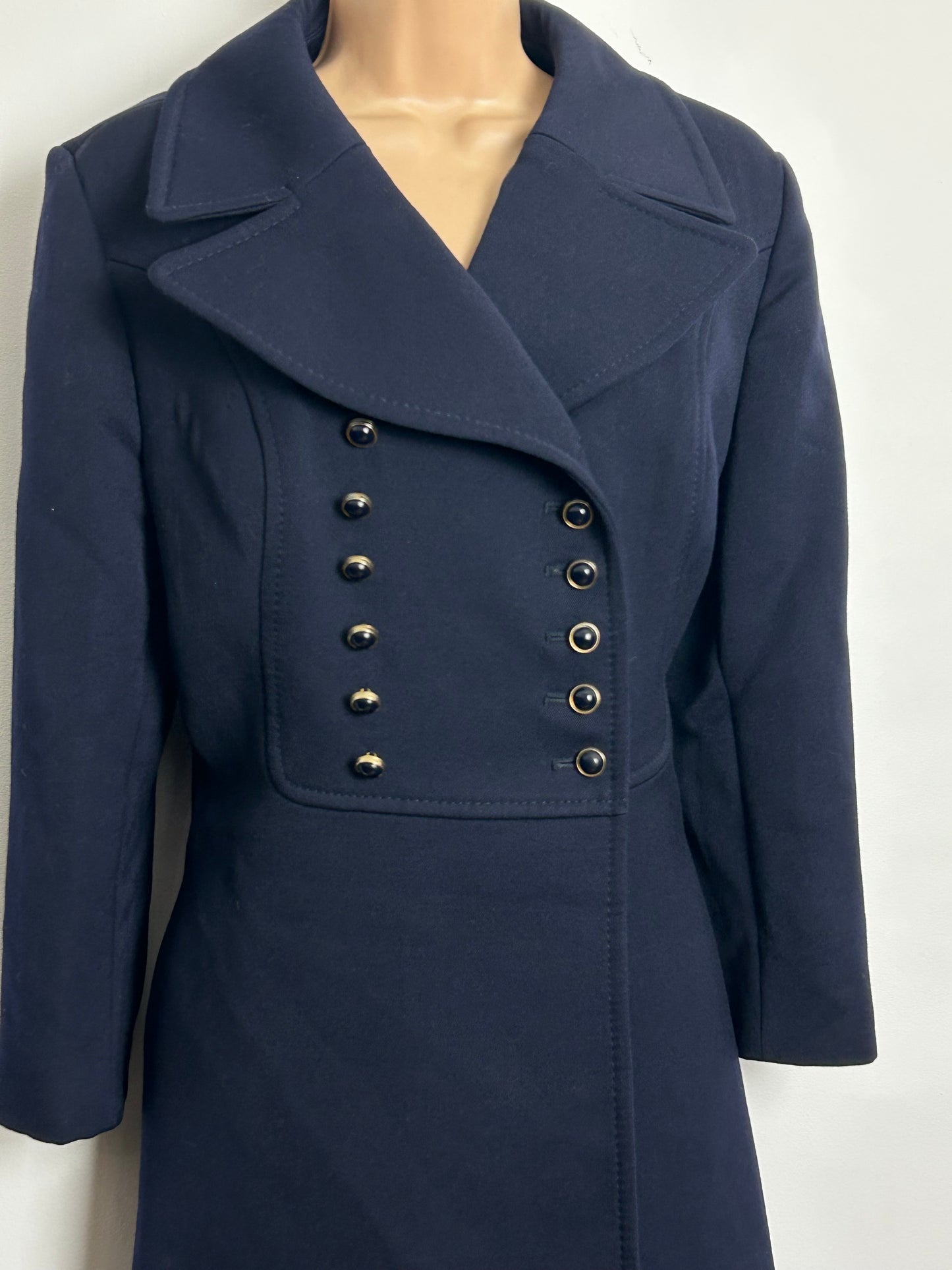 Vintage 1970s KEMPER Size 12 Navy Blue Pure New Wool Double Breasted Military Style Pea Coat