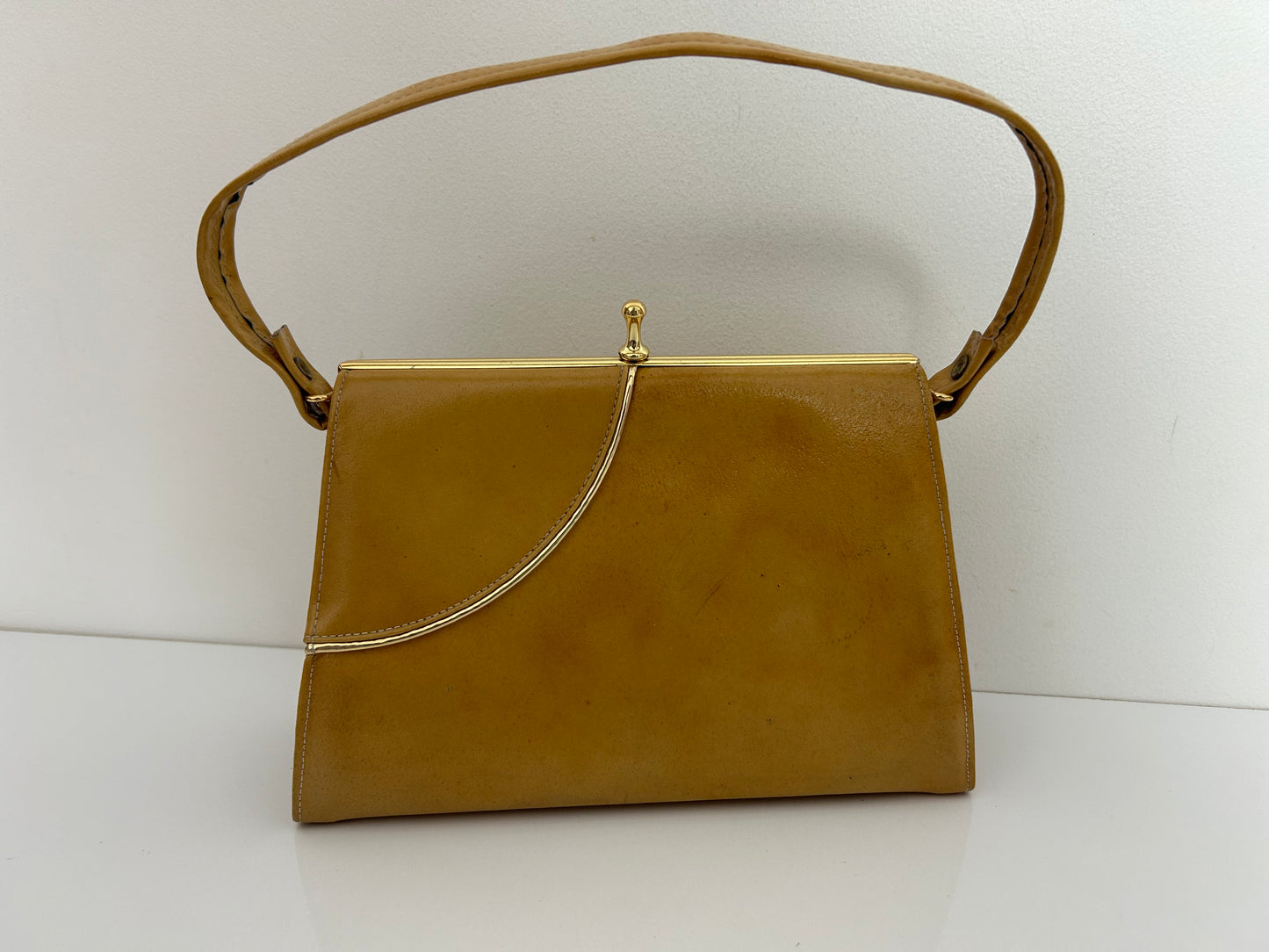 Vintage Early 1960s K HANDBAGS Camel Brown Leather Small Kelly Handbag