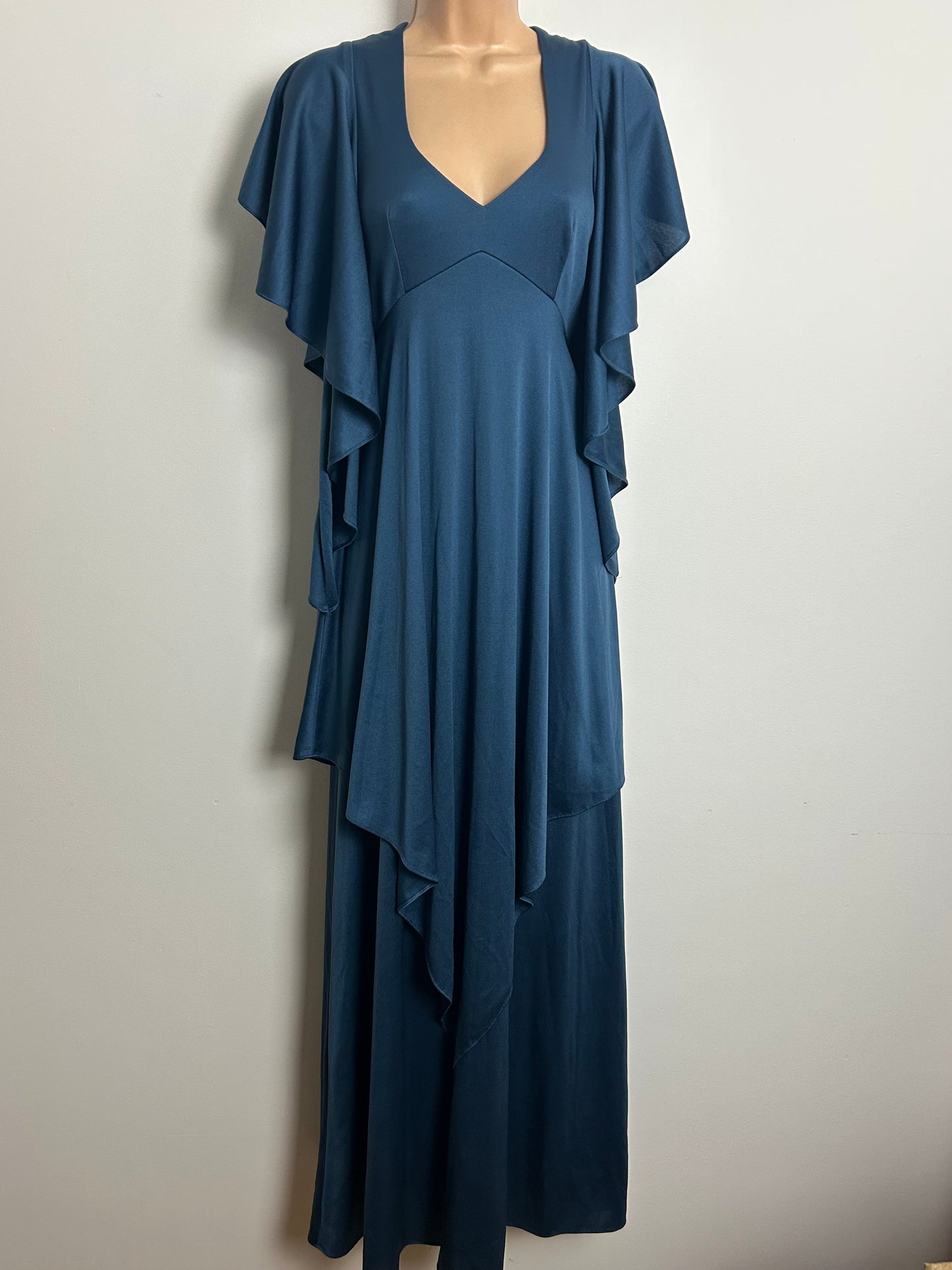 Vintage 1970s MR DARREN Size 8-10 Midnight Dusky Blue Frill Floaty Sleeve Double Layered Maxi Dress