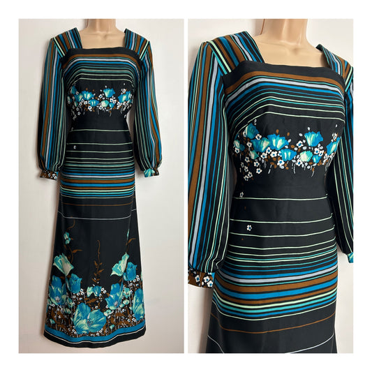 Vintage 1970s UK Size 12 Black Blue & Brown Stripe & Floral Print Long Sleeve Maxi Dress