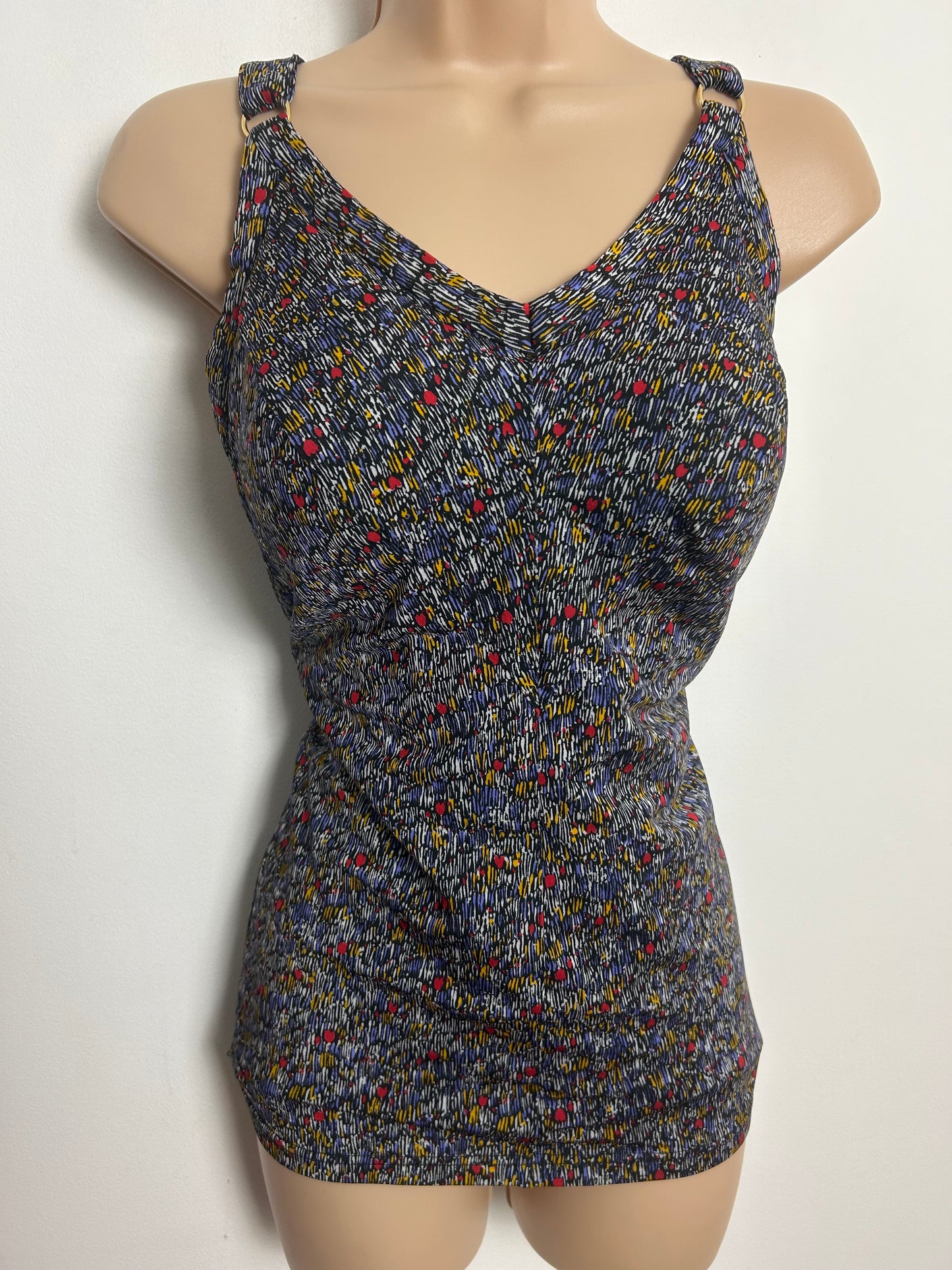Vintage 1960s ANITA Size 14-16 Black Blue Red & Yellow Abstract Print Moulded Cup Skirted Swimsuit