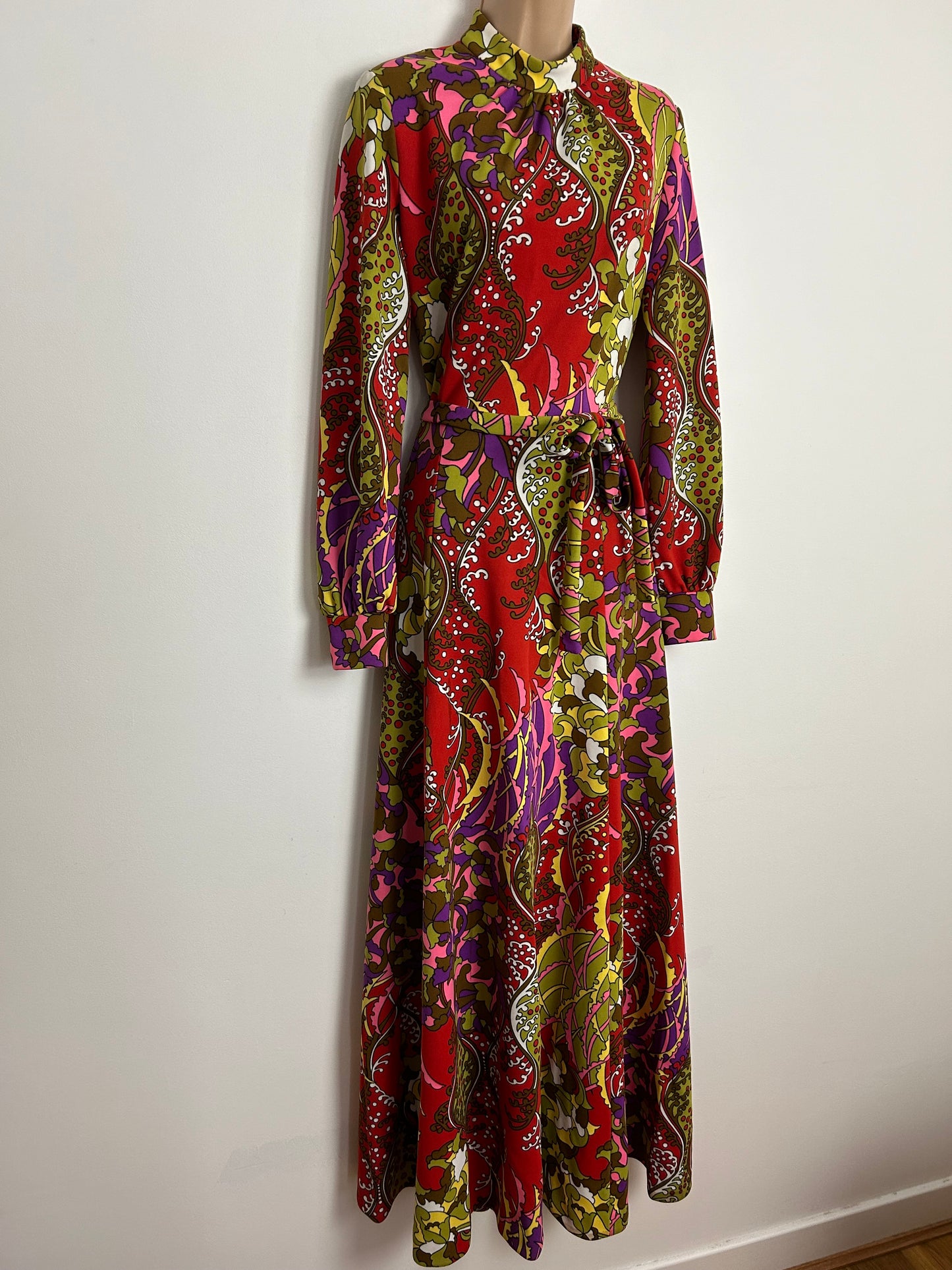Vintage 1970s UK Size 10 STUNNING Red Green Pink & Purple Nouveau Inspired Long Sleeve Belted Maxi Dress