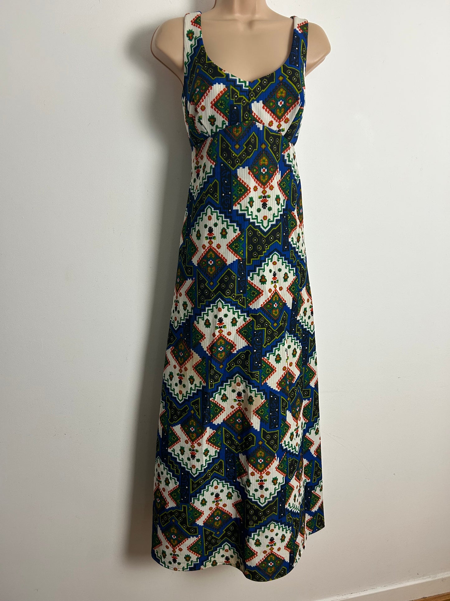 Vintage 1970s Size 10-12 Blue Green Red & White Abstract Print Maxi Dress