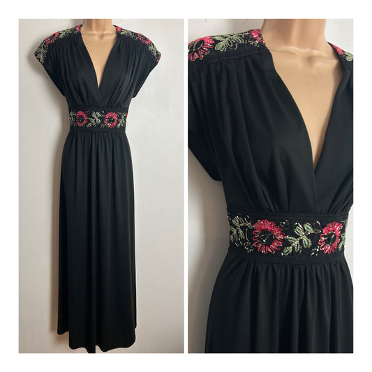 Vintage Late 1970s JOBI Size 8-10 Black Pink & Green Embroidered Floral Detail Occasion Maxi Dress