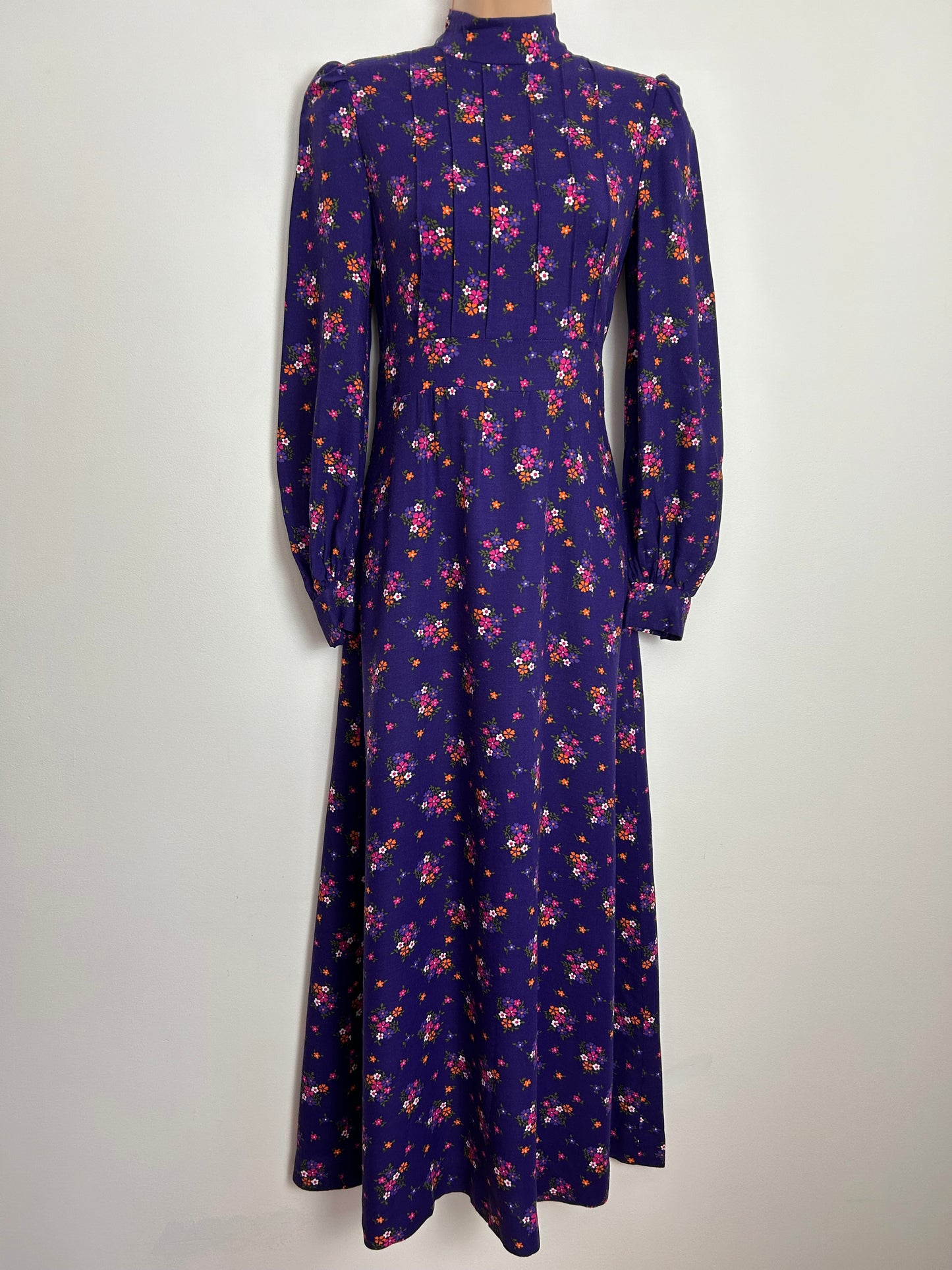 Vintage 1970s Purple Floral Print Brushed Cotton Long Sleeve Prairie Boho Maxi Dress