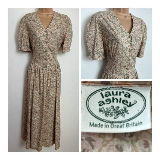 Vintage 1980s LAURA ASHLEY Size 12 Pale Green & Beige Floral Print Cotton Tea Dress