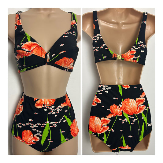 Vintage 1960s TRIUMPH INTERNATIONAL Approx Size 12 "Jalisco" Black & Orange Floral Print Bikini