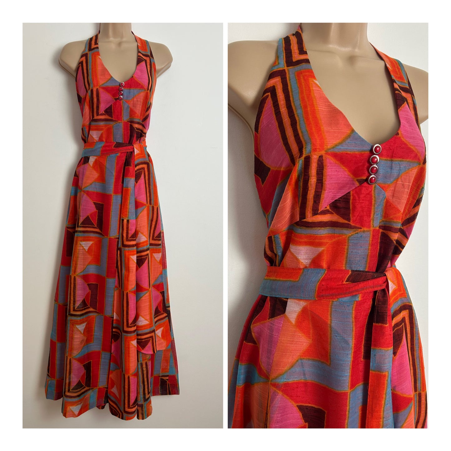 Vintage 1970s UK Size 14 Red Blue Orange & Black Geo Print Halterneck Belted Maxi Dress