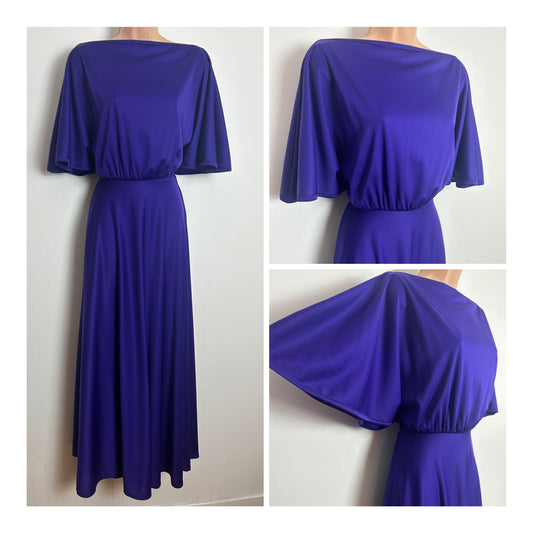 Vintage 1970s Size 8 Purple Flutter Sleeve Slash Neck Maxi Dress