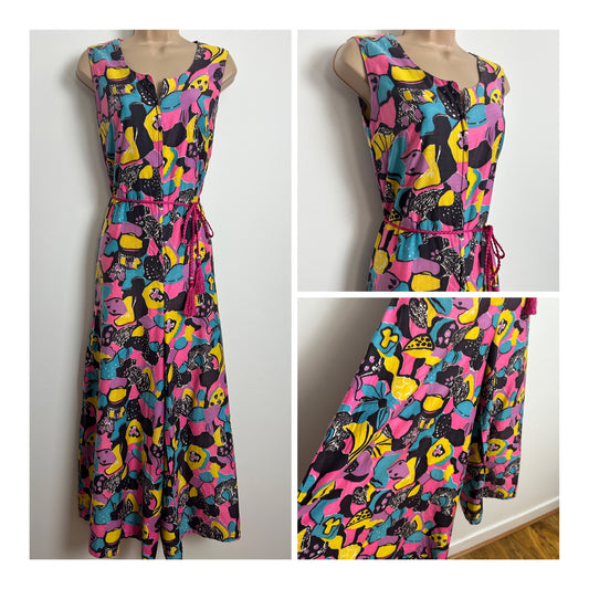 Vintage 1970s 12 Black Blue Yellow & Pink Psychedelic Floral Print Cotton Wide Leg Jumpsuit