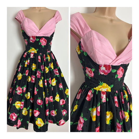 Vintage 1980s CAROLINE WALKER OF LONDON Size 10 Black Pink & Yellow Floral Print 50s Style Party Prom Rockabilly Dress