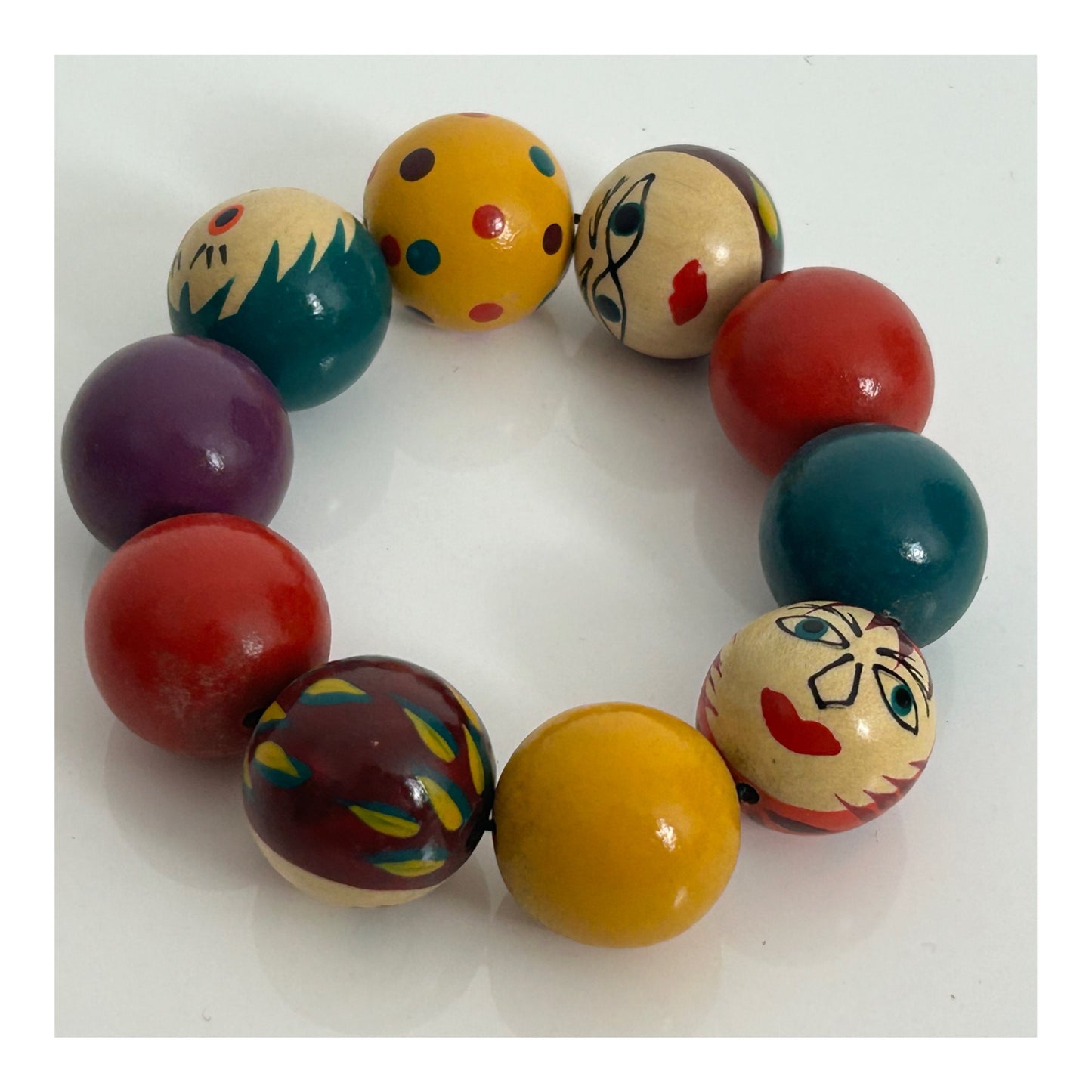 Vintage 1980s Handmade Handpainted Multicolour Wooden Bead Bracelet