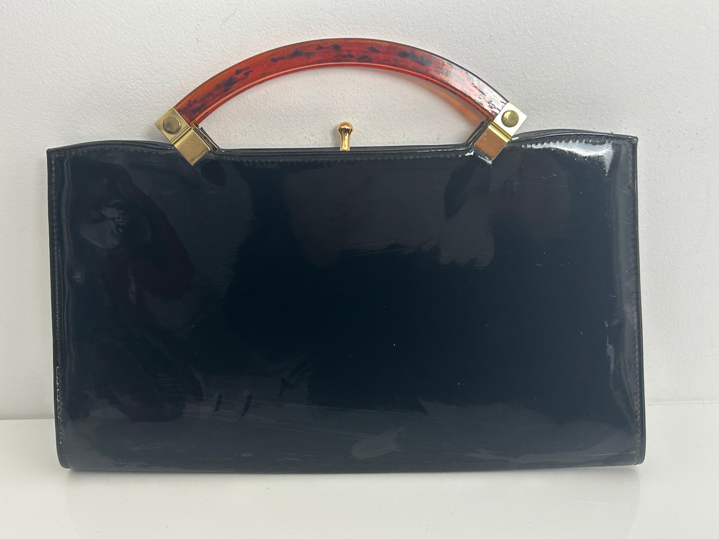 Vintage 1960s ESSELL Fabulous Black Patent Tortoiseshell Handles Oblong Handbag