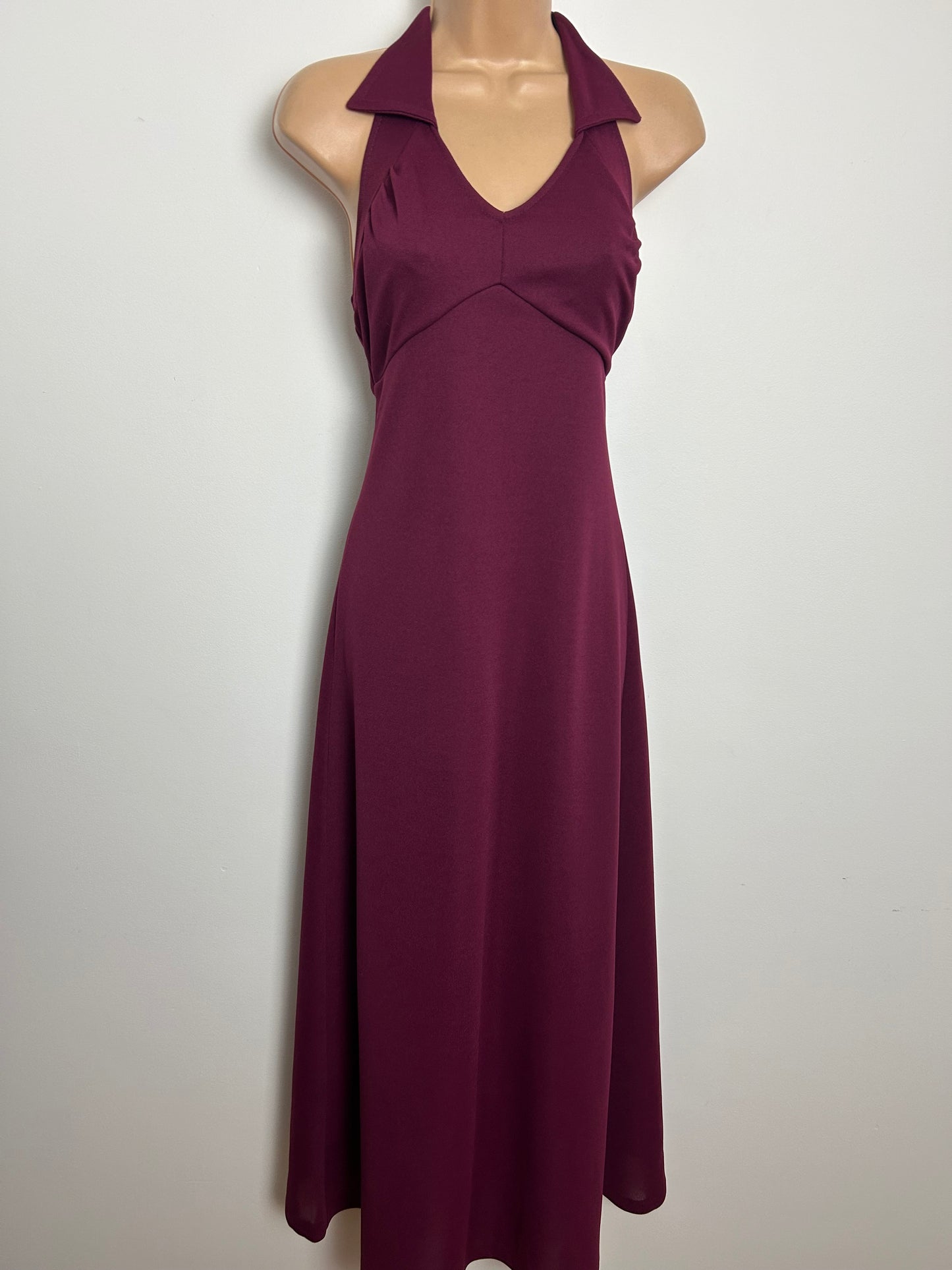 Vintage 1970s MISS DEVONSHIRE Size 6-8 Burgundy Collared Halter Neck Open Back Maxi Dress