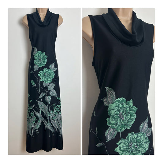 Vintage 1970s Size 12 Black Green & Grey Floral Print Sleeveless Column Style Maxi Dress