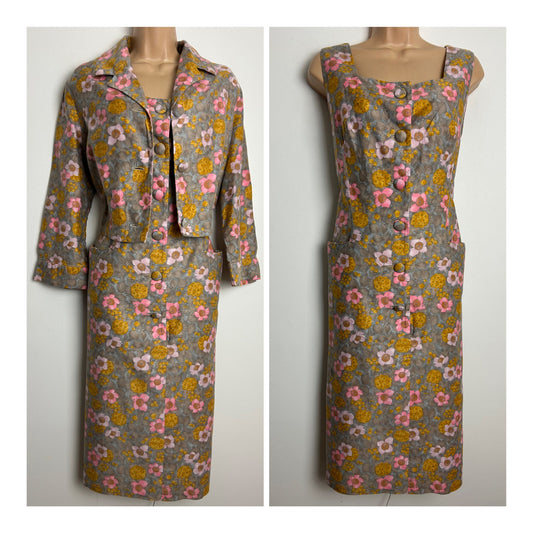 Vintage Late 1950s Early 1960s Size 14 Grey Pink & Orange Floral Print 2 Piece Dress Suit