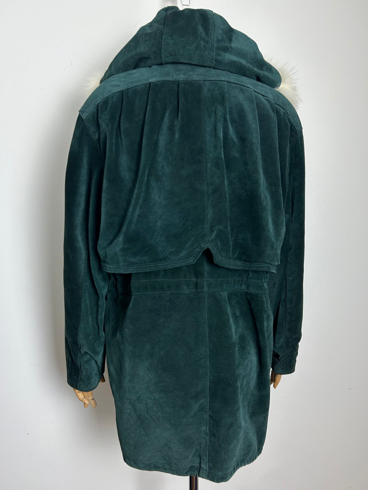 Vintage 1980s LEATHERSTIL ITALIAN Size 12-14 Dark Green Real Suede & Fur Trim Hooded Parka
