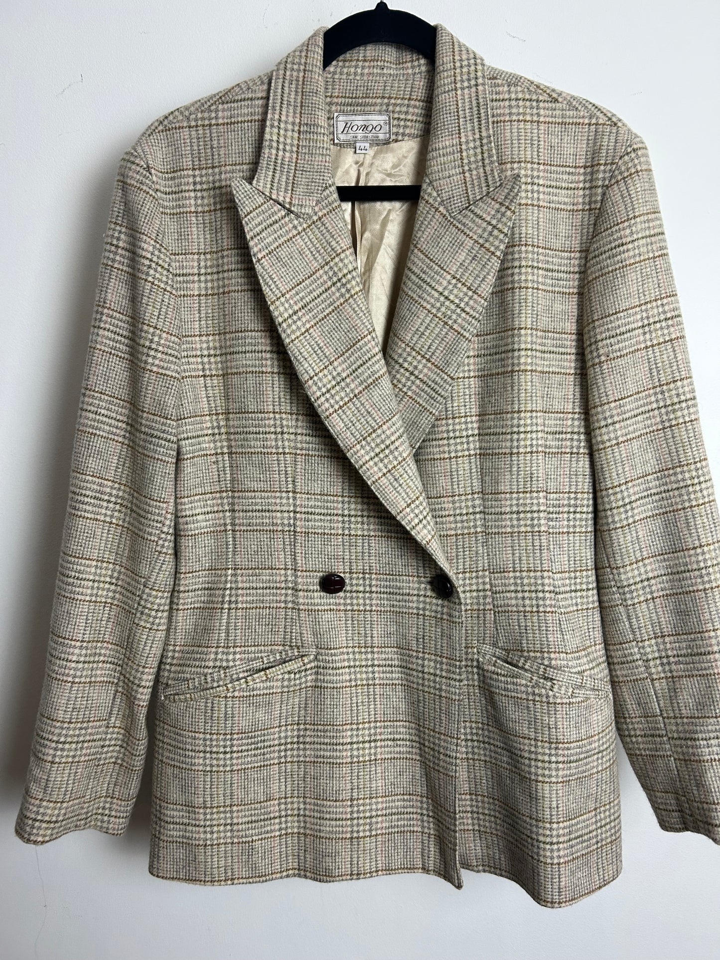 Vintage 1980s HONGO SAN SEBASTIAN Size 12 Beige Brown Grey & Pink Check Wool Mix Blazer