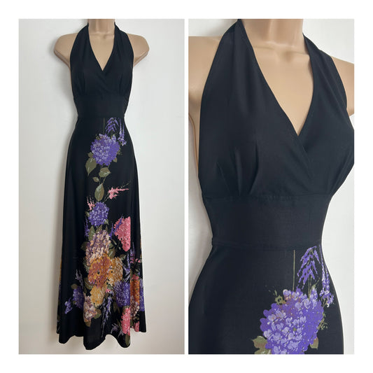 Vintage 1970s Size 6-8 Black Pink Purple & Sandy Beige Floral Print Halter Neck Maxi Dress