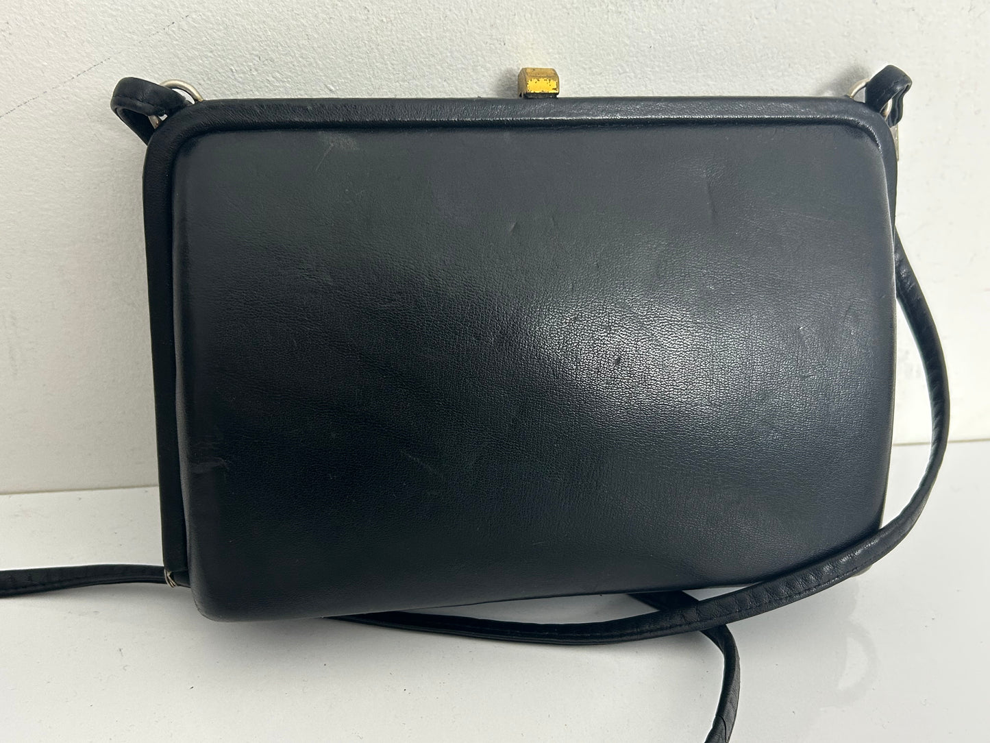 Vintage 1960s Black Leather & Patent Panels Box Style Shoulder Handbag