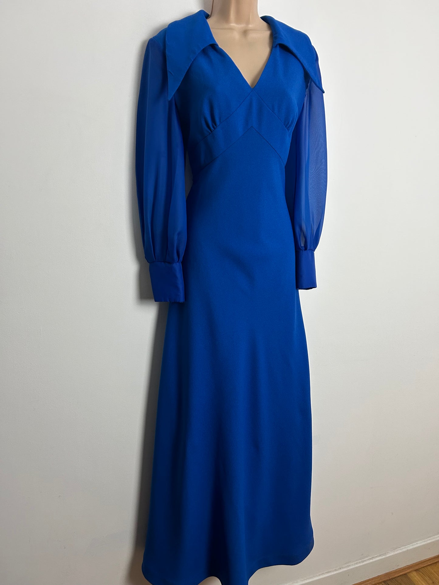 Vintage 1970s UK Size 14 Royal Blue Dagger Collar Long Chiffon Sleeve Occasion Evening Maxi Dress