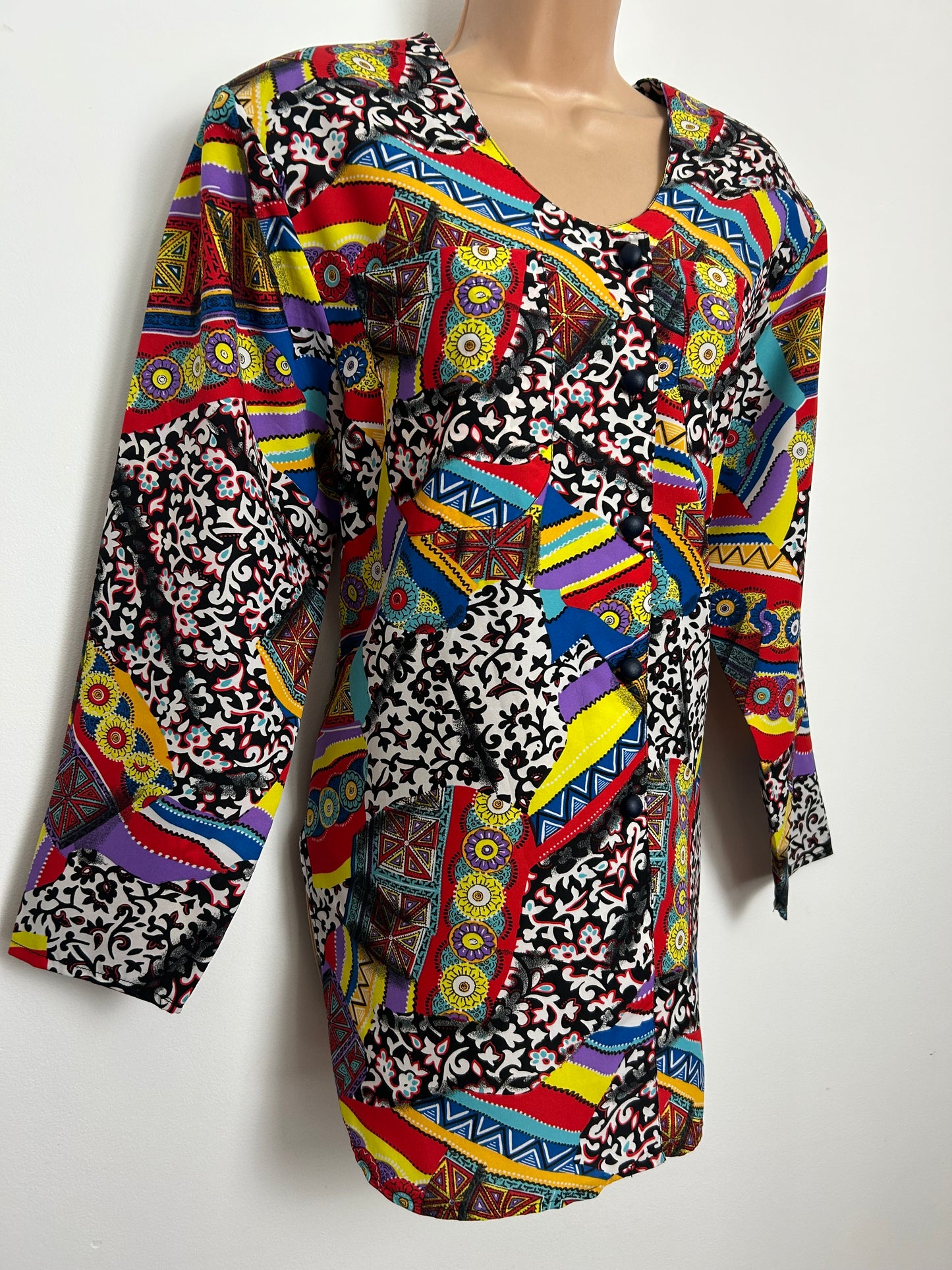 Vintage 1980s Size 12-14 Black Red Yellow Blue & Purple Abstract Print Long Sleeve Pocket Detail Shirt