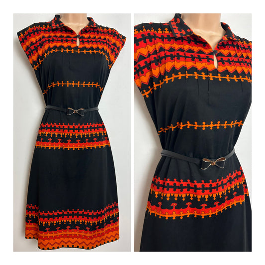 Vintage Late 1970s Size 16 Black Orange & Red Abstract Print Belted Day Dress