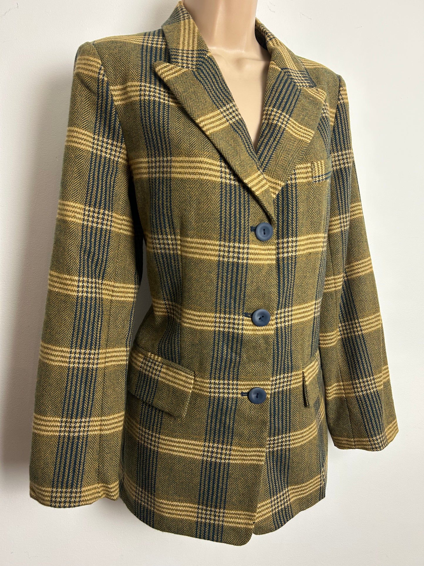 Vintage 1990s DANIEL RAINN Size S (10-12) Dark Beige & Navy Blue Check Print Wool Mix Blazer
