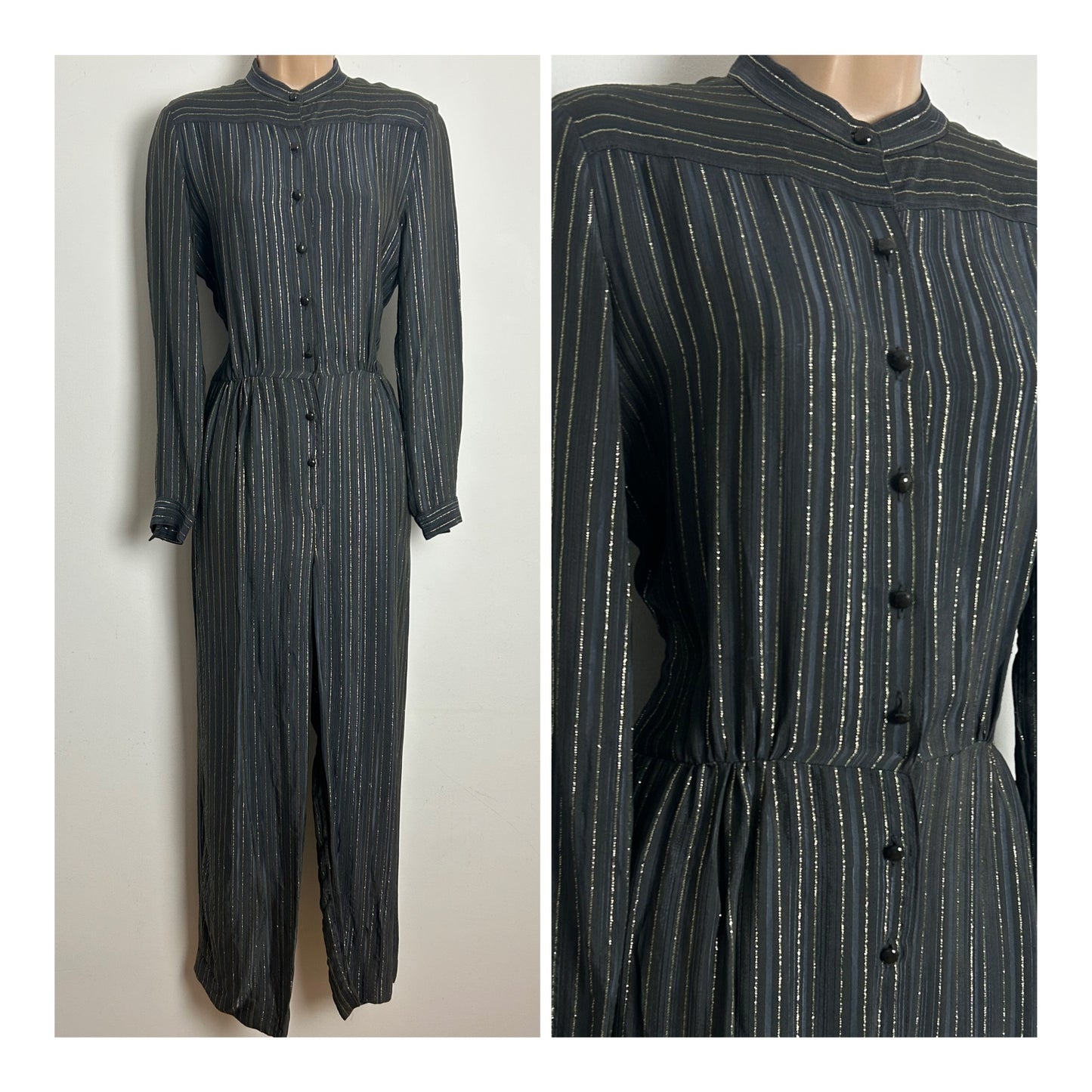 Vintage 1980s COUNTRY CASUALS Size 10 Dark Grey & Gold Pinstripe Long Sleeve Jumpsuit