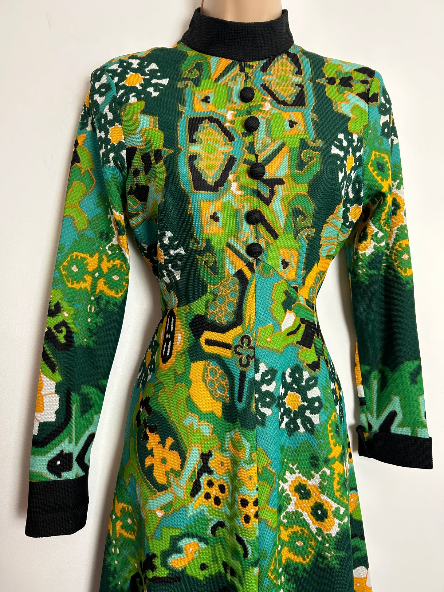 Vintage 1970s UK Size 10 Stunning Green Yellow & Turquoise Abstract Print Long Sleeve Boho Maxi Dress