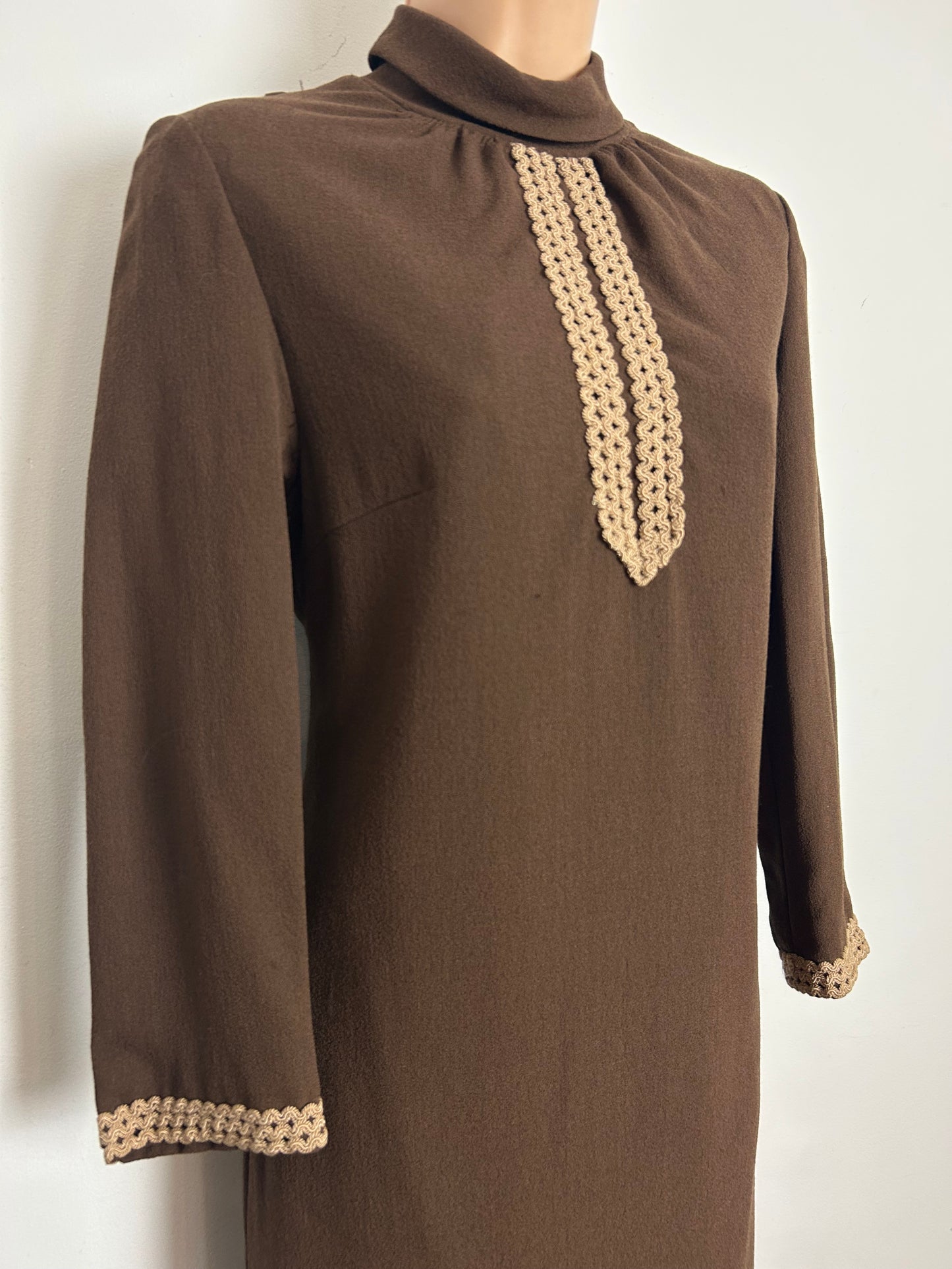 Vintage 1960s HAUTE COUTURE MODELL Size 10 Brown Wool Mix Braid Trim Mod Shift Dress
